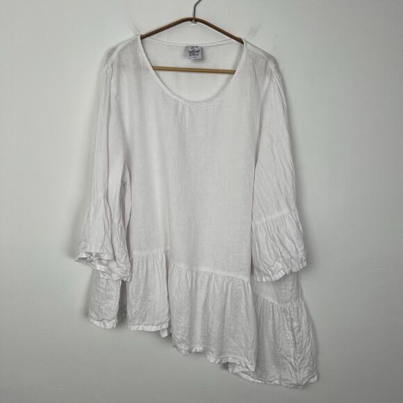Match Point USA L 100% Linen Ruffle Hem Tunic Top White Asymmetrical Lag﻿enlook - Picture 1 of 7